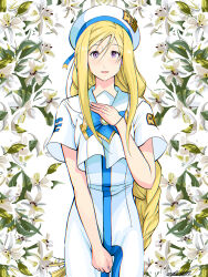 Rule 34 | 1girl, absurdres, alicia florence, andanden, aria (manga), aria company uniform, beret, blonde hair, blue bow, blue bowtie, blue ribbon, blush, bow, bowtie, braid, cowboy shot, floral background, flower, gold trim, hair between eyes, hand on own chest, hand up, hat, hat ribbon, highres, lily (flower), long hair, looking at viewer, open mouth, parted bangs, purple eyes, ribbon, short sleeves, signature, solo, swept bangs, undine (aria), white flower, white hat