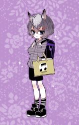 Rule 34 | aged down, backpack, bad id, bad pixiv id, bag, black footwear, black shorts, child, closed mouth, copyright request, floral background, full body, grey hair, hair ornament, hairclip, long sleeves, looking at viewer, mamaloni, musical note, purple background, purple eyes, randoseru, shoes, short hair, shorts, show by rock!!, smile, socks, solo, standing, striped clothes, striped socks, sweater