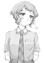 Rule 34 | 1girl, arms behind back, blush, breast pocket, breasts, checkered necktie, commentary, greyscale, head tilt, heart, highres, idolmaster, idolmaster million live!, light smile, looking at viewer, makabe mizuki, monochrome, necktie, pleated skirt, pocket, shirt, short hair, short sleeves, sidelocks, skirt, small breasts, solo, tnsk st00, upper body, wavy hair, white background, wing collar