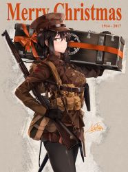 Rule 34 | 1girl, arm up, artist name, battlefield (series), battlefield 1, black gloves, black hair, black pantyhose, blush, bolt action, braid, breast pocket, breasts, brown hat, brown jacket, brown skirt, buttons, carrying over shoulder, closed mouth, commentary request, cowboy shot, dated, from side, gloves, gun, gun sling, hair between eyes, hat, highres, holding, holding gun, holding weapon, jacket, lee-enfield, long hair, long sleeves, looking at viewer, looking to the side, medium breasts, merry christmas, military, military uniform, miniskirt, neko (yanshoujie), orange eyes, original, over shoulder, pantyhose, peaked cap, pocket, red ribbon, ribbon, rifle, single braid, skirt, smile, solo, standing, uniform, weapon, weapon bag, weapon request