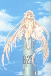 Rule 34 | 00s, 1girl, absurdly long hair, bare shoulders, barefoot, blonde hair, brown eyes, chii, chobits, clamp, cloud, day, dress, feet, full body, highres, long hair, official art, robot ears, sitting, sky, smile, solo, strap slip, sundress, tower, very long hair