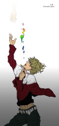 Rule 34 | 10s, 1boy, bad id, bad pixiv id, barnaby brooks jr., blonde hair, glasses, green eyes, highres, jacket, jewelry, lotto honey, male focus, mitsuharu (lotto honey), necklace, outstretched hand, red jacket, solo, tiger &amp; bunny, underwater