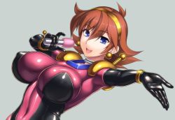 Rule 34 | 10s, 1girl, :d, armor, armpits, blue eyes, blush, bodysuit, bracer, breasts, brown hair, covered erect nipples, covered navel, dutch angle, earrings, female focus, flipped hair, from side, g gundam, gloves, grey background, gundam, gundam build fighters, hair between eyes, hairband, happy, holding, impossible bodysuit, impossible clothes, jewelry, large breasts, latex, latex gloves, latex suit, looking at viewer, md5 mismatch, microphone, mobile trace suit, music, neck ring, open mouth, outstretched arm, pauldrons, rain mikamura, resized, resolution mismatch, rindou (radical dream), shiny clothes, short hair, shoulder armor, simple background, singing, skin tight, smile, solo, source larger, upper body