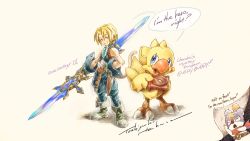 Rule 34 | 1boy, 2others, absurdres, artist name, beak, belt, blonde hair, blue eyes, boots, chocobo, commentary, ascot, double-blade, english commentary, english text, final fantasy, final fantasy fables, final fantasy ix, hand on own hip, highres, holding, holding weapon, itahana toshiyuki, mask, moogle, multiple others, official art, open mouth, scarf, short hair, short ponytail, simple background, sleeveless, smile, speech bubble, square enix, standing, tail, talons, weapon, zidane tribal