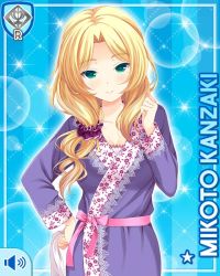 Rule 34 | 1girl, alternate costume, blonde hair, blue background, bow, breasts, character name, closed mouth, dress, girlfriend (kari), green eyes, jewelry, kanzaki mikoto, large breasts, long hair, nurse, official art, pink bow, purple dress, qp:flapper, shirt, smile, solo, standing, tagme