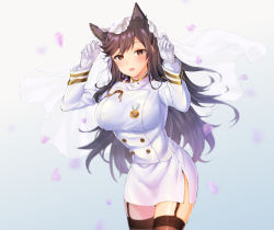 Rule 34 | 1girl, animal ears, atago (azur lane), azur lane, black hair, blush, breasts, brown eyes, buttons, commentary request, garter straps, gloves, highres, kokumumumu (user ezam2325), large breasts, long hair, long sleeves, looking at viewer, miniskirt, mole, mole under eye, pencil skirt, skirt, solo, thighhighs, white gloves