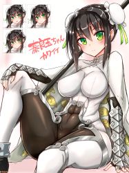 Rule 34 | 1girl, abs, absurdres, black hair, blush, bodysuit, breasts, brown hair, bun cover, cape, chinese clothes, closed mouth, commentary, covered navel, double bun, expressions, fate/grand order, fate (series), fingerless gloves, gloves, green eyes, hair between eyes, hair bun, highres, looking at viewer, medium breasts, muscular, o h miona, open mouth, parted lips, polearm, qin liangyu (fate), ribbon, short hair, sidelocks, skin tight, smile, translated, weapon, white background, white bodysuit