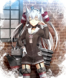 Rule 34 | 10s, 1girl, :3, adjusting hair, amatsukaze (kancolle), black panties, choker, closed eyes, garter straps, gloves, hair tubes, hand on own hip, highres, kantai collection, kouji (astral reverie), long hair, panties, rensouhou-kun, see-through, silver hair, single glove, smug, solo, striped clothes, striped thighhighs, thighhighs, two side up, underwear, white gloves