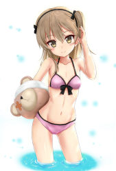 Rule 34 | 1girl, bandages, bare arms, bare shoulders, bikini, black bow, black hairband, blush, boko (girls und panzer), bow, bow bikini, breasts, brown eyes, brown hair, closed mouth, collarbone, commentary request, flipper, girls und panzer, hair between eyes, hair bow, hairband, hand up, highres, long hair, one side up, pink bikini, shimada arisu, small breasts, smile, solo, stuffed animal, stuffed toy, swimsuit, teddy bear, wading