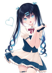 Rule 34 | 1girl, :d, apron, black gloves, black hair, blue eyes, blue hair, blue ribbon, blue skirt, blush, bow, collared shirt, commentary, english commentary, fang, gloves, hair between eyes, hair ornament, hair ribbon, hairclip, head tilt, heart, highres, humuyun, interlocked fingers, long hair, looking at viewer, multicolored hair, open mouth, original, own hands together, puffy short sleeves, puffy sleeves, red bow, ribbon, shirt, short sleeves, simple background, single glove, skirt, smile, solo, striped clothes, striped skirt, thighhighs, twintails, two-tone hair, vertical-striped clothes, vertical-striped skirt, very long hair, waist apron, white apron, white background, white shirt, white thighhighs