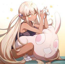 Rule 34 | 1girl, :o, ahoge, black camisole, blonde hair, breasts, camisole, controller, dark-skinned female, dark skin, full body, game controller, hair ornament, holding, holding controller, holding game controller, hololive, hololive english, hugging object, indian style, large breasts, long hair, looking at viewer, no shoes, parted lips, pillow, pillow hug, planet hair ornament, rabbit-shaped pillow, shumm aid, sidelocks, sitting, socks, solo, sparkling eyes, striped clothes, striped legwear, striped socks, surprised, tsukumo sana, twintails, very long hair, virtual youtuber, yellow eyes