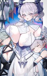 Rule 34 | 3girls, arianna the labrynth servant, arianne the labrynth servant, breast rest, breasts, breasts on head, chain, cleavage, dress, green eyes, green hair, highres, hug, huge breasts, kashu (hizake), lovely labrynth of the silver castle, maid, multiple girls, pointy ears, short hair, smile, white dress, white eyes, white hair, yu-gi-oh!