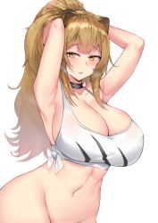 Rule 34 | 1girl, animal ears, arknights, armpits, arms up, blunt bangs, blush, bottomless, breasts, cleavage, collarbone, crop top, eyelashes, fang, groin, half-closed eyes, hands in hair, heavy breathing, high ponytail, highres, kuavera, lion ears, long hair, looking at viewer, navel, open mouth, out-of-frame censoring, raised eyebrows, siege (arknights), simple background, skin fang, skindentation, solo, sweat, tank top, tongue, white background, white tank top, wide hips, yellow eyes