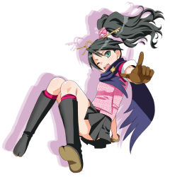 Rule 34 | 1girl, ace attorney, ace attorney investigations, bad id, bad pixiv id, capcom, gloves, green eyes, kay faraday, key, mattaku mousuke, one eye closed, open mouth, ponytail, scarf, shadow, simple background, skirt, solo, white background, wink