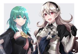 Rule 34 | 2girls, :d, between breasts, black cape, black gloves, black hairband, border, breasts, byleth (female) (fire emblem), byleth (fire emblem), cape, closed mouth, corrin (female) (fire emblem), corrin (fire emblem), fire emblem, fire emblem: three houses, fire emblem fates, floating hair, gloves, green eyes, green hair, grey background, hairband, highres, long hair, looking at viewer, medium breasts, multiple girls, nintendo, open mouth, outside border, pointy ears, red eyes, shinae, sideboob, silver hair, smile, upper body, very long hair, white border