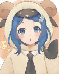 Rule 34 | 1girl, :o, animal costume, animal hood, bad id, bad twitter id, black necktie, blue eyes, blue hair, detached collar, hair ornament, hand up, heart, heart hair ornament, highres, hood, hood up, idol time pripara, looking at viewer, necktie, open mouth, pretty rhythm, pretty series, pripara, rinne (pretty rhythm), sheep costume, sheep hood, shiyurinpu, short hair, solo, swept bangs, translation request, upper body