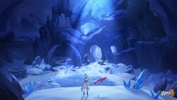 Rule 34 | 1girl, blue hair, cave, cave interior, chinese commentary, dress, griseo, griseo (cosmic expression), halo, highres, honkai (series), honkai impact 3rd, indoors, light blue hair, logo, long hair, official art, official wallpaper, snow, standing, very long hair, white dress