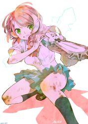 Rule 34 | 1girl, absurdres, alisa boskonovich, alternate costume, android, arm blade, asymmetrical hair, blue skirt, breasts, bruise, chainsaw, character name, commentary request, crying, crying with eyes open, drill hair, electricity, fighting stance, green eyes, highres, injury, loafers, medium breasts, multicolored hair, namco, no bra, pink hair, pleated skirt, raion., school uniform, shirt, shoes, short sleeves, skirt, socks, solo, squatting, tears, teeth, tekken, tekken 7, tekken blood vengeance, tekken tag tournament 2, torn clothes, torn shirt, two-tone hair, weapon