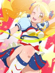 Rule 34 | 10s, 1girl, alternate form, blonde hair, blue skirt, boots, bow, brooch, cure honey, cure honey (popcorn cheer), earrings, happinesscharge precure!, heart, heart brooch, heart earrings, jewelry, knee boots, multicolored clothes, multicolored skirt, one eye closed, oomori yuuko, open mouth, precure, puffy sleeves, ribbon, skirt, solo, tj-type1, waist bow, wink, yellow eyes