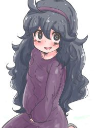 Rule 34 | 1girl, @ @, ahoge, bags under eyes, blue hair, blush, breasts, creatures (company), dress, female focus, game freak, hairband, hands on lap, hex maniac (pokemon), highres, long hair, long sleeves, looking at viewer, messy hair, nintendo, open mouth, own hands together, pokemon, pokemon xy, purple dress, purple hairband, simple background, sleeves past wrists, small breasts, smile, solo, taitanic6242, white background