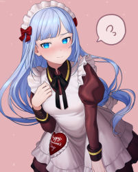 Rule 34 | 1girl, alternate costume, apron, blue eyes, blue hair, blush, bow, brown shirt, brown skirt, closed mouth, cowboy shot, enmaided, floating hair, frilled skirt, frills, hair bow, happy valentine, heart, idolmaster, idolmaster million live!, idolmaster million live! theater days, long hair, long sleeves, maid, maid headdress, mimizubare, pink background, red bow, shiraishi tsumugi, shirt, skirt, solo, standing, very long hair, white apron