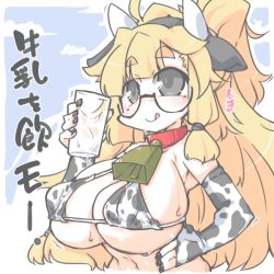 Rule 34 | 1girl, animal ears, animal print, bell, bikini, black-framed eyewear, black eyes, black nails, blonde hair, blunt bangs, breasts, character request, cleavage, collarbone, copyright request, cow ears, cow horns, cow print, cup, detached sleeves, drinking glass, fake animal ears, fake horns, glasses, hairband, holding, holding cup, horns, kureha mitsushige, large breasts, long hair, looking away, nail polish, neck bell, ponytail, round eyewear, semi-rimless eyewear, solo, swimsuit, thick eyebrows, translation request, under-rim eyewear, upper body