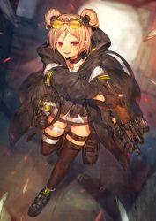 Rule 34 | 1girl, absurdres, ammunition, black choker, black coat, black footwear, black gloves, black thighhighs, blonde hair, buckle, bullet, bullpup, choker, coat, commentary, double bun, eyewear on head, fn 5.7x28mm, gas mask, girls&#039; frontline, gloves, gun, hair bun, highres, holding, holding gun, holding weapon, horizontal magazine, huge filesize, long sleeves, mask, open clothes, open coat, open mouth, orange-tinted eyewear, p90, p90 (girls&#039; frontline), partially fingerless gloves, pdw cartridge, personal defense weapon, red eyes, scope, see-through, shoes, short hair, smile, snap-fit buckle, solo, submachine gun, sunglasses, tactical clothes, takeno (hashi falcon), thighhighs, tinted eyewear, translucent, weapon