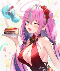 Rule 34 | :3, aqua eyes, breasts, cake, cake slice, cat, center opening, cleavage, colored inner hair, confetti, covered erect nipples, criss-cross halter, cross-laced slit, dress, flower, food, hair flower, hair ornament, hairband, halo, halterneck, happy birthday, hoshina rulia, indie virtual youtuber, large breasts, long hair, looking at viewer, multicolored hair, munuu, one eye closed, open mouth, plunging neckline, red dress, rose, sideless outfit, smile, streaked hair, twintails, upper body, very long hair, virtual youtuber
