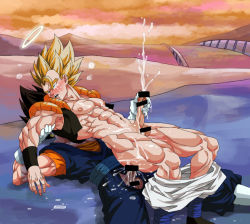 Rule 34 | 2boys, abs, anal, bar censor, bara, blush, censored, cum, cum in ass, cumdrip, dragon ball, dragonball z, ejaculating while penetrated, ejaculation, gogeta, halo, male focus, male penetrated, multiple boys, muscular, outdoors, pectorals, penis, son goku, straddling, tagme, testicles, vegeta, vegetto, wince, yaoi