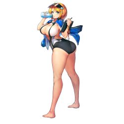 Rule 34 | 1girl, ass, backless swimsuit, barefoot, black one-piece swimsuit, blonde hair, blue eyes, blue jacket, bottle, breasts, bust cup, cleavage, cleavage cutout, clipboard, clothing cutout, competition swimsuit, drinking, dripping, from behind, frost serpent (last origin), full body, game cg, hair ornament, highres, holding, holding bottle, holding clipboard, holding pen, jacket, jacket on shoulders, large breasts, last origin, looking at viewer, looking back, multicolored clothes, multicolored swimsuit, official art, one-piece swimsuit, pen, short hair, sideboob, sima (startwitch), skindentation, solo, star (symbol), star hair ornament, stomach cutout, stopwatch, swimsuit, tachi-e, transparent background, watch, water bottle, wet, whistle, white one-piece swimsuit, x hair ornament