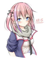 Rule 34 | 1girl, :/, bad id, bad pixiv id, blue eyes, blue jacket, blush, character name, closed mouth, cropped torso, girls&#039; frontline, grey scarf, highres, jacket, kurokaze, looking at viewer, medium hair, multicolored hair, pink hair, purple hair, scarf, shirt, side ponytail, simple background, solo, st ar-15 (girls&#039; frontline), two-tone hair, upper body, white background, white shirt
