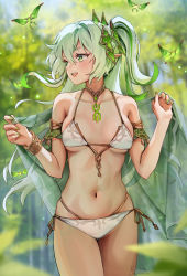 Rule 34 | 1girl, aged up, armlet, bare shoulders, bikini, blush, bracelet, breasts, cape, collarbone, crystalfly (genshin impact), foxyreine, genshin impact, gradient hair, green cape, green eyes, green hair, hair ornament, highres, jewelry, leaf hair ornament, long hair, looking to the side, medium breasts, multicolored hair, nahida (genshin impact), neck ring, open mouth, pointy ears, side ponytail, sidelocks, smile, solo, swimsuit, symbol-shaped pupils, thighs, white bikini, white hair