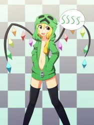 Rule 34 | 1girl, alternate costume, blonde hair, breasts, cato (monocatienus), checkered background, cleavage, contemporary, creeparka, creeper, crossover, crystal, flandre scarlet, hood, hoodie, looking at viewer, minecraft, naked hoodie, navel, open mouth, red eyes, side ponytail, smile, solo, thighhighs, touhou, wings, zettai ryouiki