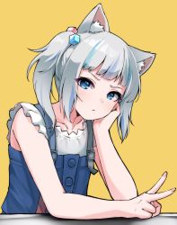 Rule 34 | 1girl, absurdres, alternate hairstyle, animal ear fluff, annoyed, blue dress, blue eyes, blue hair, collarbone, commentary, dress, english commentary, gawr gura, gawr gura (casual), hand on own cheek, hand on own face, head rest, highres, hololive, hololive english, looking at viewer, multicolored hair, shirt, side ponytail, silver hair, solo, streaked hair, twintails, upper body, v, valefal coneri, virtual youtuber, white shirt, yellow background