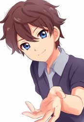 Rule 34 | 1boy, aikatsu! (series), aikatsu friends!, blue eyes, blue shirt, brown hair, close-up, closed mouth, dutch angle, hair between eyes, highres, looking at viewer, male focus, open hand, outstretched hand, red hair, sekina, shirt, simple background, smile, solo, white background, yuuki subaru