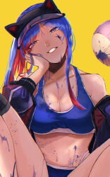 Rule 34 | 1girl, absurdres, ball, bikini, black hat, blue bikini, blue hair, breasts, cleavage, grin, hagioshi, hand on own cheek, hand on own face, hat, highres, jacket, kantai collection, large breasts, long hair, looking at viewer, multicolored hair, off shoulder, official alternate costume, open clothes, open jacket, paint splatter, ponytail, purple eyes, red hair, simple background, smile, solo, south dakota (kancolle), swimsuit, visor cap, white hair, yellow background