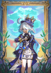 Rule 34 | 1girl, absurdres, arm behind back, ascot, black ascot, blue brooch, blue gemstone, blue hair, blue hat, blue jacket, clenched hand, colored inner hair, cowlick, drop-shaped pupils, feet out of frame, flower, furina (genshin impact), gem, genshin impact, hand on own chest, hat, heterochromia, highres, itsukado kawa, jacket, kodona, light blue hair, light frown, lolita fashion, looking to the side, mismatched pupils, multicolored hair, painting (object), picture frame, pink flower, plant, shadow, shorts, solo, symbol-shaped pupils, thigh strap, top hat, white hair, white shorts
