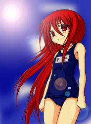 Rule 34 | 00s, day, lens flare, non-web source, one-piece swimsuit, red eyes, red hair, school swimsuit, shakugan no shana, shana, sky, solo, swimsuit