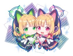 Rule 34 | 2girls, animal ear headphones, animal ears, black footwear, black skirt, black thighhighs, blonde hair, blue archive, blue bow, blush, bow, cat tail, closed mouth, fake animal ears, full body, green eyes, green halo, hair bow, halo, headphones, highres, jacket, kaoling, long sleeves, midori (blue archive), momoi (blue archive), multiple girls, open mouth, pink footwear, pink halo, pleated skirt, red bow, red eyes, shoes, short hair, siblings, sisters, skirt, smile, tail, thighhighs, twins, white jacket