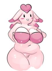 Rule 34 | 1girl, black eyes, blank eyes, blush, blush stickers, breast hold, breasts, cleft of venus, creatures (company), cropped legs, elpatrixf, female focus, furry, furry female, game freak, hands up, happy (pokemon), heart, huge breasts, navel, nintendo, no nipples, nude, personification, plump, pokemon, pokemon (creature), pokemon gsc, pokemon gsc (prototype), pussy, shiny skin, simple background, smile, solo, standing, thick thighs, thighs, uncensored, white background