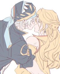 Rule 34 | 1boy, 1girl, arm around waist, bare shoulders, black jacket, blonde hair, celes chere, closed eyes, couple, dangle earrings, detached sleeves, earrings, final fantasy, final fantasy vi, garbage paper, hair ornament, head scarf, hetero, highres, imminent kiss, jacket, jewelry, locke cole, long hair, looking to the side, pants, pants rolled up, parted bangs, parted lips, shirt, short hair, upper body, vest, white background, white hair, white shirt, yellow sleeves, yellow vest