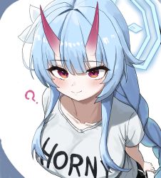 Rule 34 | 1girl, ?, absurdres, blue archive, blue hair, blush, breasts, chise (blue archive), closed mouth, clothes writing, collarbone, halo, highres, horns, large breasts, long braid, long hair, oni horns, red eyes, shirt, short sleeves, smile, solo, white shirt, yanggaengwang