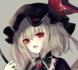Rule 34 | 1girl, :d, bad id, bad pixiv id, black hat, blonde hair, brooch, commentary request, fang, fingernails, flandre scarlet, green night, grey background, hair between eyes, hand up, hat, hat ribbon, jewelry, long hair, looking at viewer, mob cap, nail polish, one side up, open mouth, portrait, red eyes, red nails, red ribbon, ribbon, sharp fingernails, simple background, smile, solo, touhou