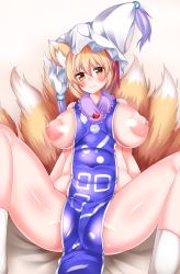 Rule 34 | 1girl, animal ears, belly, blonde hair, blush, breasts, breasts apart, covered navel, female focus, fox ears, fox girl, fox tail, hat, huge breasts, large areolae, looking at viewer, multiple tails, naked tabard, nipples, plump, puffy nipples, short hair, sitting, smile, solo, spread legs, tabard, tail, touhou, wildcat (kusonemi), yakumo ran, yellow eyes