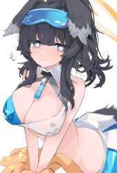 Rule 34 | 1girl, animal ears, bare shoulders, bikini, black hair, blue archive, blush, breasts, cheerleader, crop top, detached collar, dog ears, dog girl, dog tail, eyewear on head, flying sweatdrops, goggles, goggles on head, halo, hibiki (blue archive), hibiki (cheer squad) (blue archive), highres, large breasts, long hair, looking at viewer, mikozin, millennium cheerleader outfit (blue archive), pom pom (cheerleading), simple background, skirt, solo, swimsuit, tail, white background