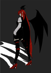 Rule 34 | 1girl, bat wings, boots, dark background, earrings, head wings, highres, jewelry, koakuma, long hair, pointy ears, red hair, solo, thigh boots, thighhighs, touhou, versapro, very long hair, wings, yellow eyes