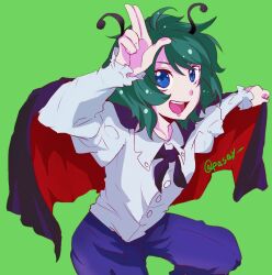 Rule 34 | 1girl, androgynous, antennae, black cape, blue eyes, blue shorts, bobotatamu, buttons, cape, collared shirt, commentary request, feet out of frame, flat chest, frilled sleeves, frills, green background, green hair, highres, long sleeves, looking at viewer, open mouth, red cape, shirt, short hair, shorts, simple background, smile, solo, touhou, twitter username, two-sided cape, two-sided fabric, white shirt, wriggle nightbug