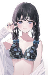 Rule 34 | 1girl, black hair, black nails, blue bow, blue eyes, blush, bow, braid, breasts, closed mouth, collarbone, fingernails, floral print, hair bow, highres, jacket, medium hair, mole, mole on breast, nail art, nail polish, navel, off shoulder, open clothes, open jacket, original, pink lips, revision, simple background, slit pupils, smile, solo, sutochan, twin braids, white background, white jacket
