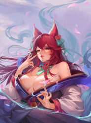 Rule 34 | 1girl, absurdres, ahri (league of legends), animal ears, bell, blue tail, breasts, cleavage, convenient censoring, facial mark, fox ears, fox girl, fox tail, hair bell, hair ornament, heart, heart in eye, highres, korean clothes, kyuubi, large breasts, league of legends, long hair, long sleeves, looking at viewer, low neckline, lu ka, multiple tails, nipple slip, nipples, red hair, solo, spirit blossom ahri, symbol in eye, tail, whisker markings