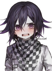 Rule 34 | 1boy, agenasumiso51, black hair, checkered clothes, checkered neckwear, checkered scarf, danganronpa (series), danganronpa v3: killing harmony, grey background, hair between eyes, highres, jacket, long sleeves, looking at viewer, male focus, messy hair, multicolored hair, open mouth, oma kokichi, purple eyes, purple hair, scarf, simple background, solo, straitjacket, tears, teeth, twitter username, upper body, upper teeth only, white jacket